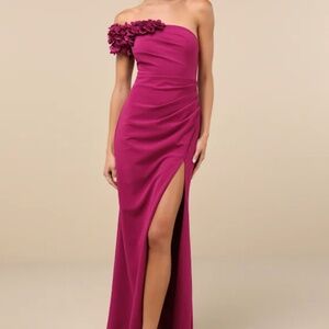 Beyond Elegant Magenta 3D Floral one shoulder maxi dress